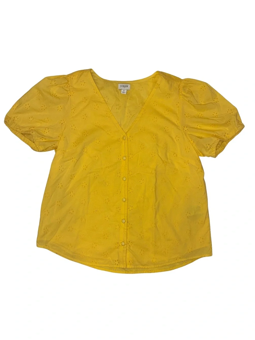 J. Crew Bright Yellow Eyelet V-Neck Button Front Puff Sleeve Blouse